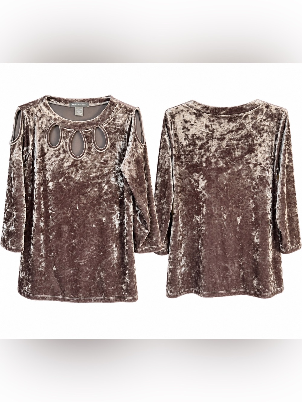 Kate & Mallory Taupe Crushed Velvet Keyhole Cold Shoulder Top M